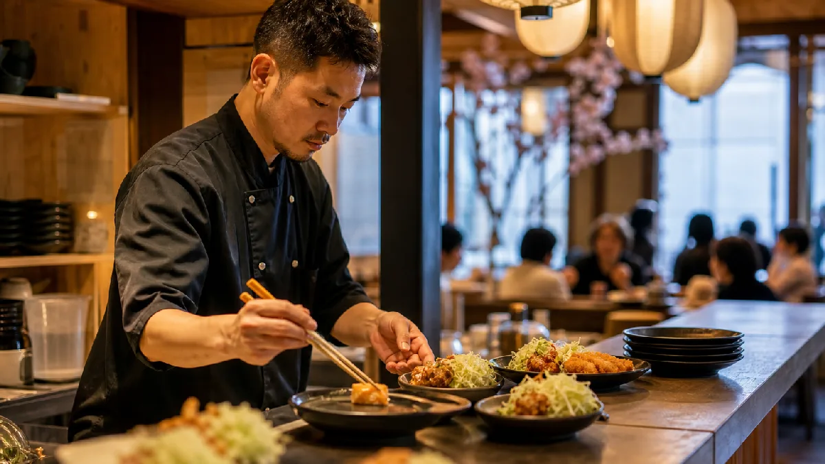 Friends sharing Japanese cooked dishes in a warmly lit contemporary dining room.