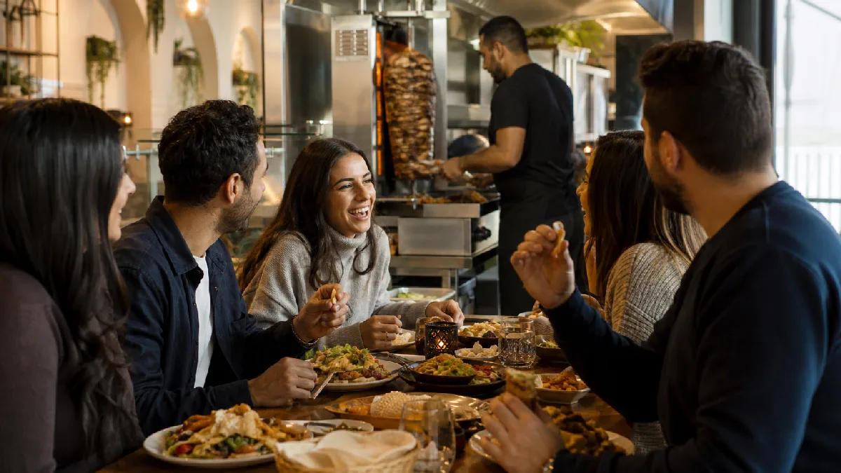 Friends enjoy a halal Middle Eastern meal together in a warmly lit, modern dining room with traditional decor accents.