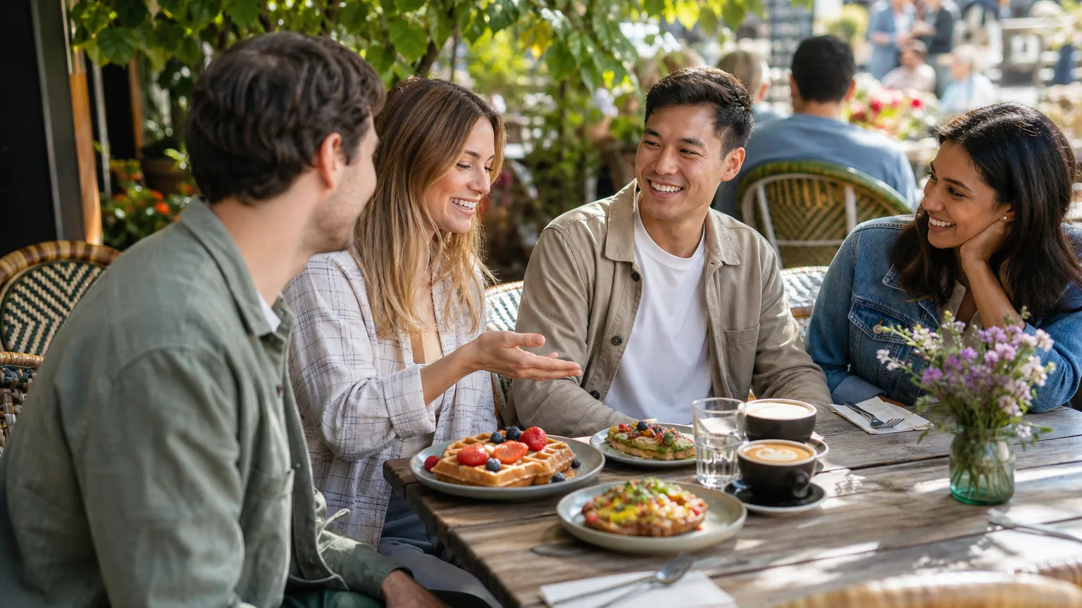 Group of friends smiling at a café patio table with waffles, cappuccino, and spring greenery in natural light.