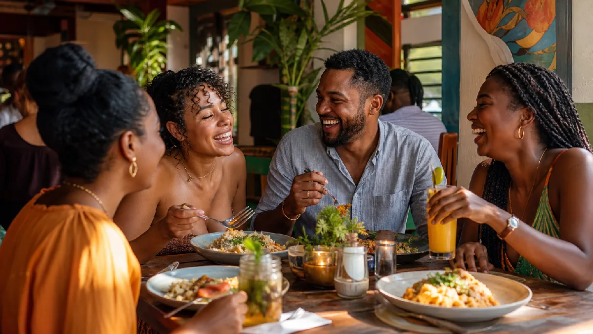 Friends dining together in a cozy Caribbean restaurant with vibrant decor and colorful dishes on the table.