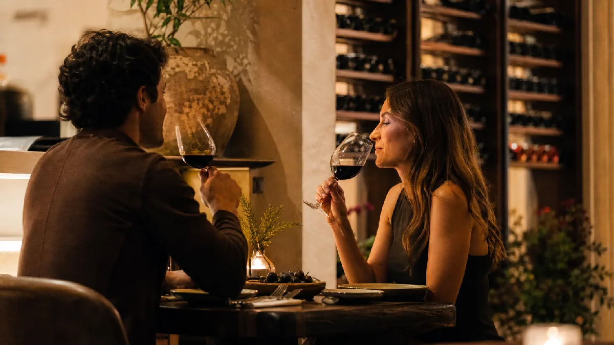 Couple toasting glasses of red wine at a cozy Mediterranean wine bar table with warm lighting.