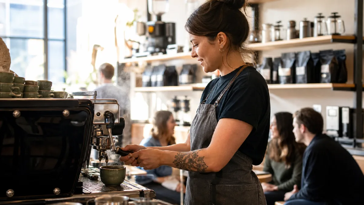 Barista making espresso in a bright, cozy local coffee roaster café with patrons in the background.