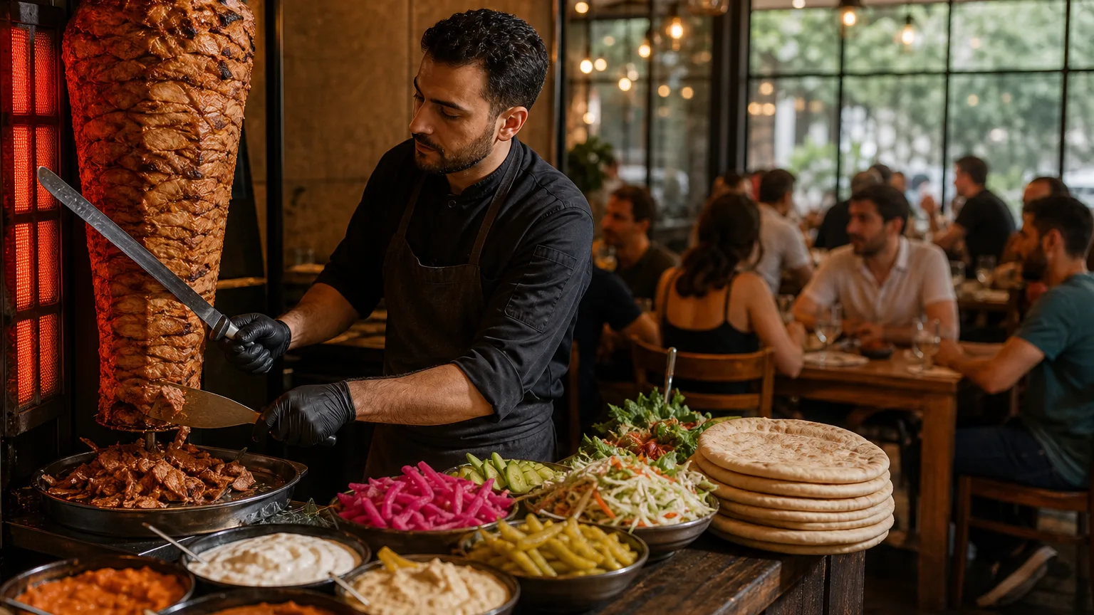 Friends enjoying Middle Eastern dishes together in a warmly lit restaurant with a chef preparing shawarma in the background.