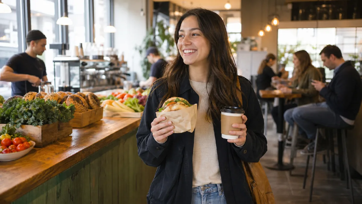 Young woman holding a wrapped vegan breakfast sandwich and coffee in a bright café with sunlight and other morning customers.