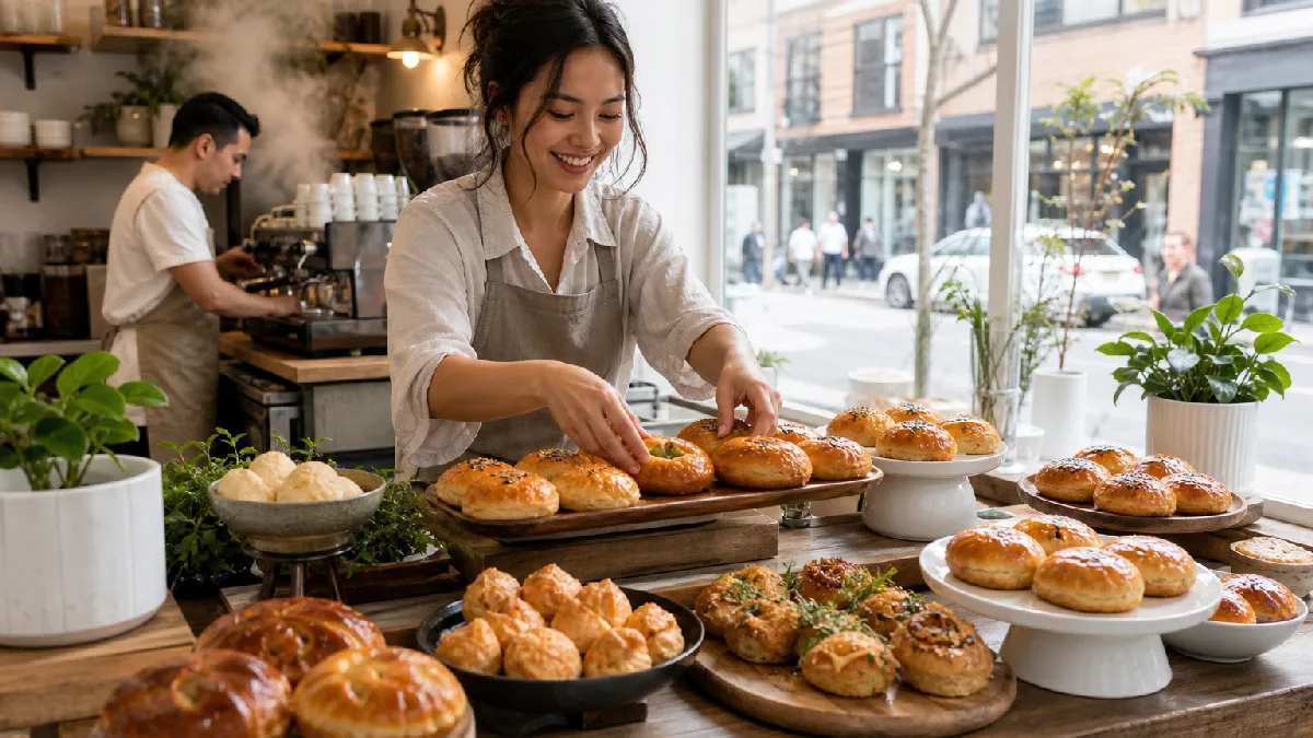 Young woman arranging golden Vietnamese pastries in a bright bakery café with a barista making espresso in the background.