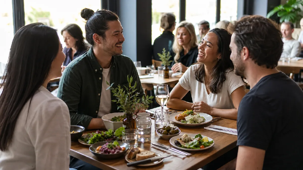 Friends smiling and chatting around a table with fresh, colorful dishes in a sunlit contemporary dining room.