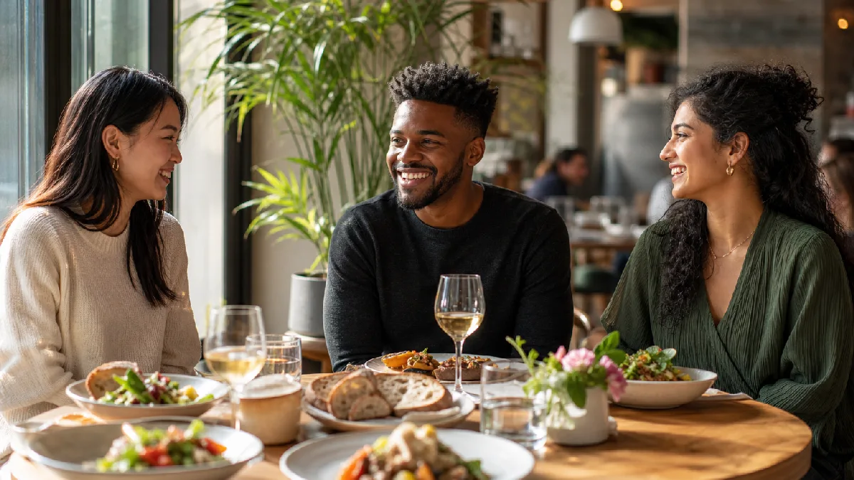Three friends smiling and talking at a table with fresh seasonal dishes in a modern Cambridge restaurant.