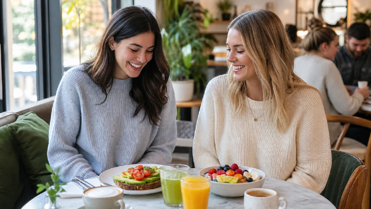 Two friends enjoy a gluten-free breakfast in a bright, modern café with colorful dishes and coffee on the table.