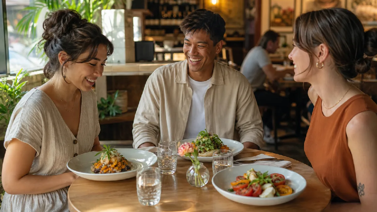 Three friends smiling and enjoying vibrant dishes around a wooden table in a cozy, sunlit bistro.