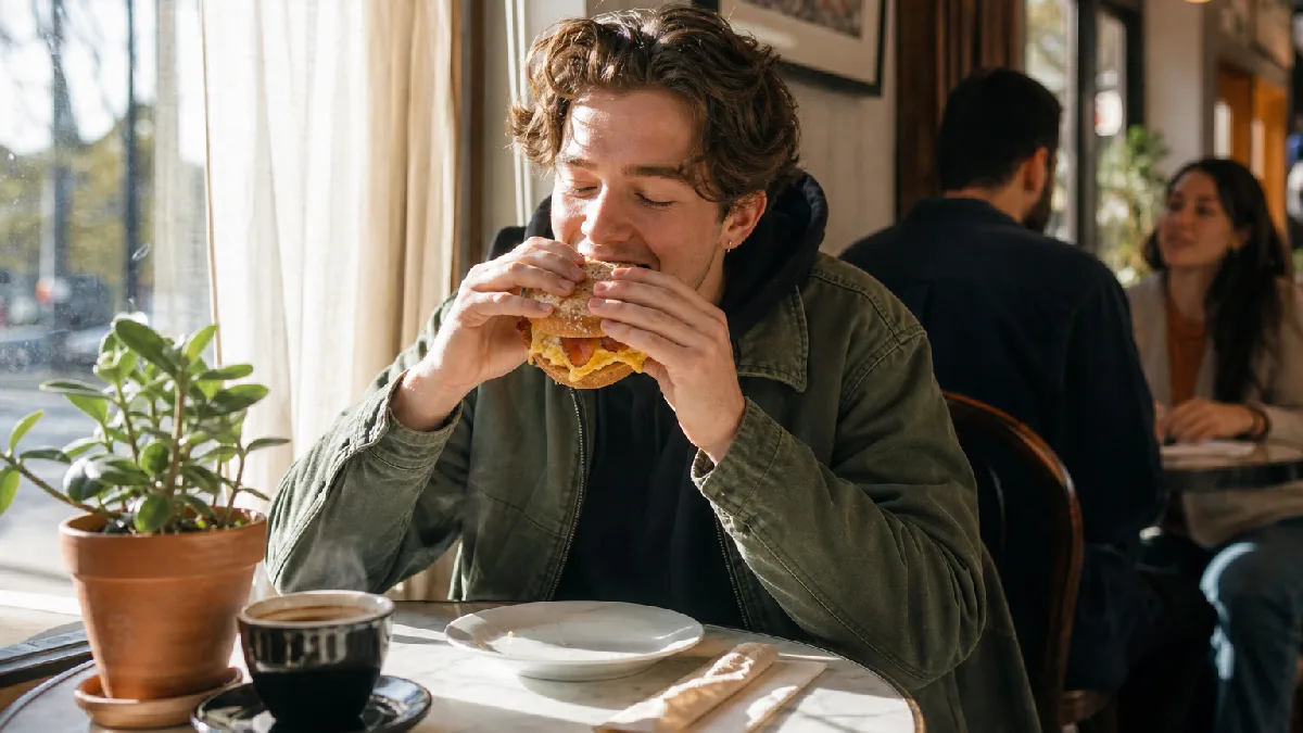 Young person enjoying a freshly made breakfast sandwich and coffee at a bright café table by a window.