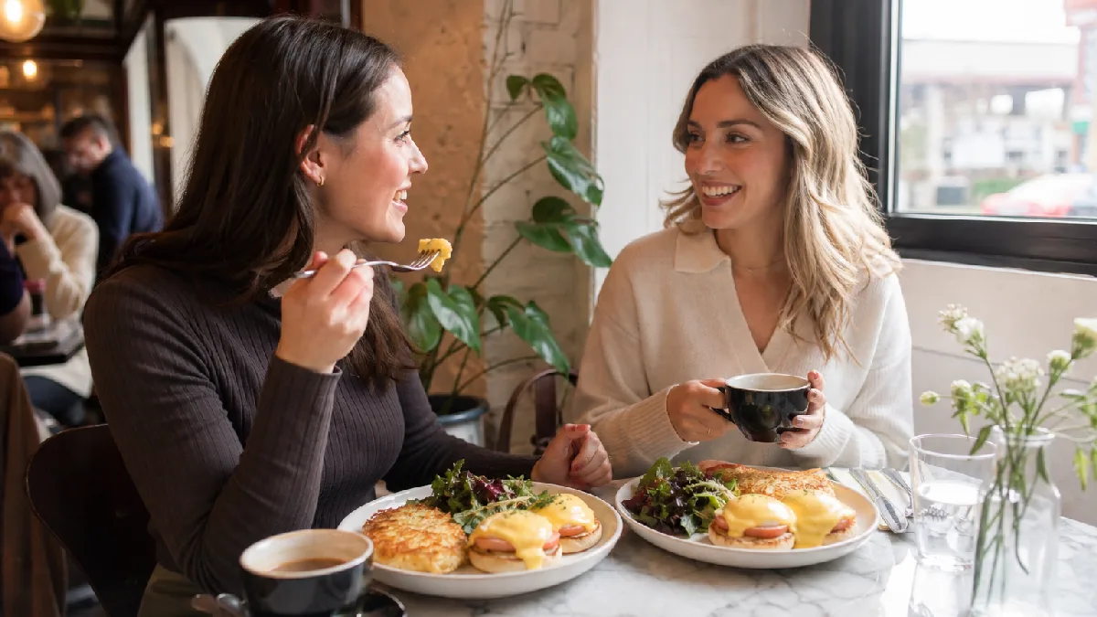 Two friends enjoy classic Eggs Benedict with hash browns and salad in a sunlit Waterloo Region café.