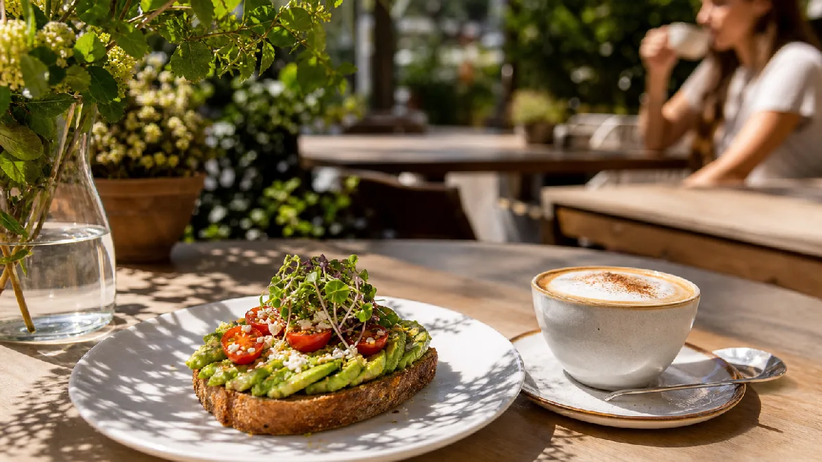 Outdoor café patio table with avocado toast and cappuccino in natural sunlight, one blurred diner in background.