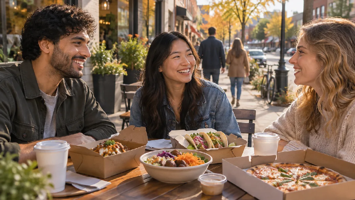 Illustration of a local food scene for Local takeout options to consider.