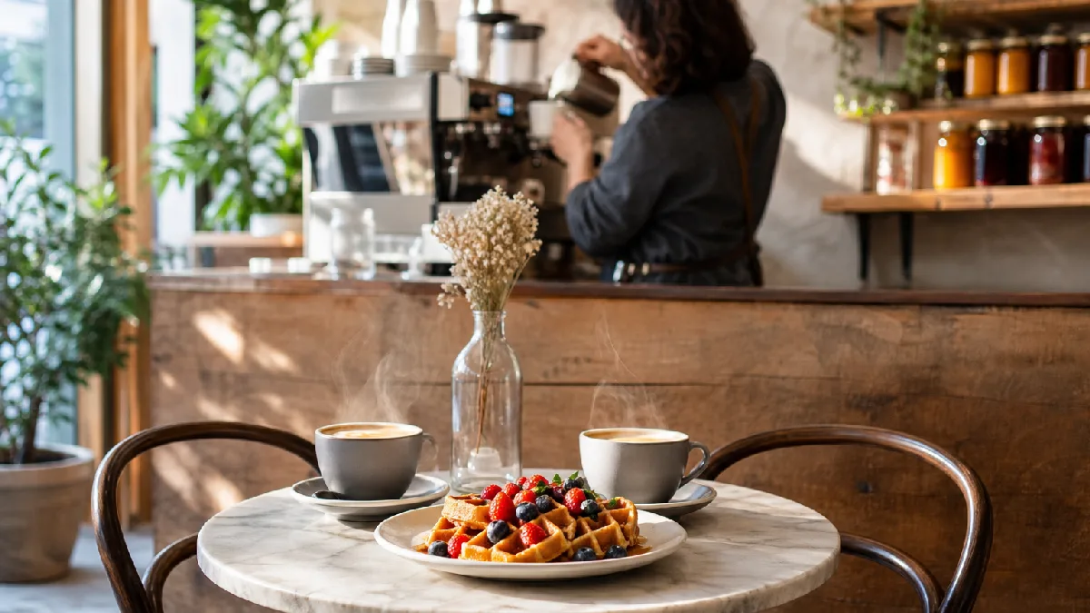 Two cups of coffee and a plate of waffles with berries on a café table with a barista working in the background.