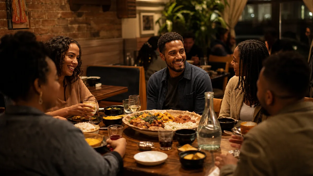 Group of friends enjoying traditional East African dishes around a wooden table in a warmly lit dining room.