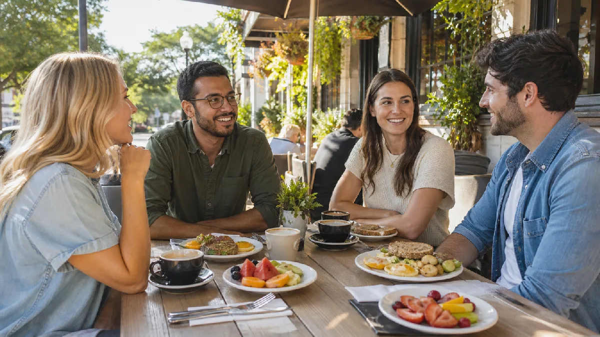 Three friends smiling and chatting at a shaded patio table with brunch plates and coffee cups on a sunny morning.