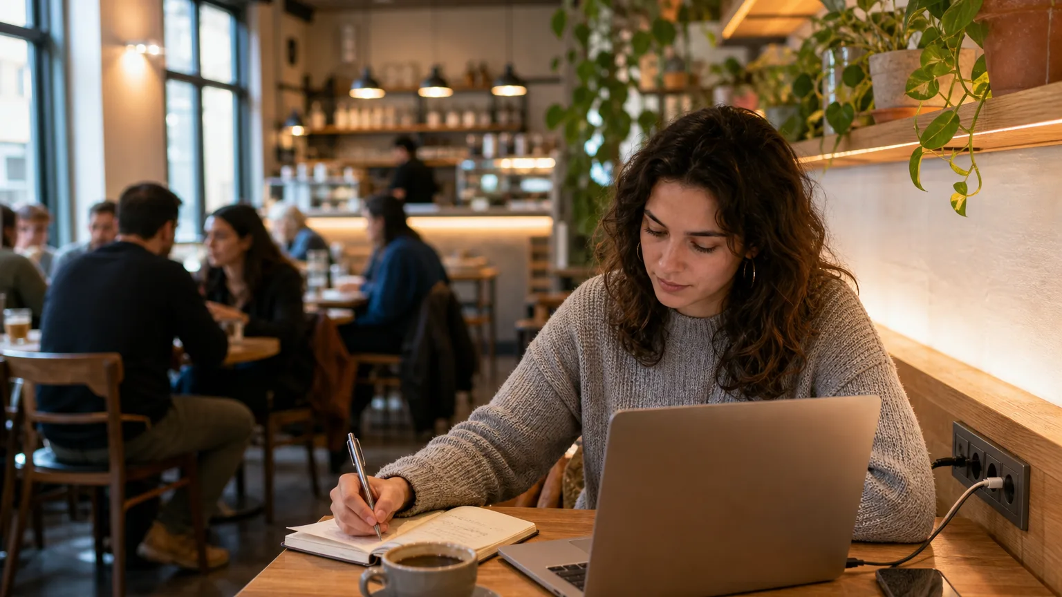 Young woman working on laptop in bright, cozy café with coffee and natural light