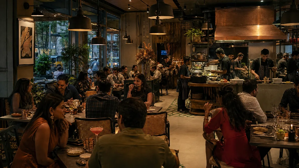 Friends dining and enjoying cocktails in a lively modern South Asian restaurant with an open kitchen and warm lighting.