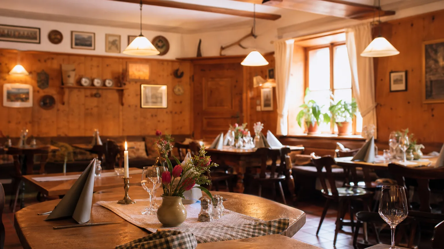 Rustic dining table with traditional Central European dishes and frosty beer steins in warm, cozy restaurant setting.