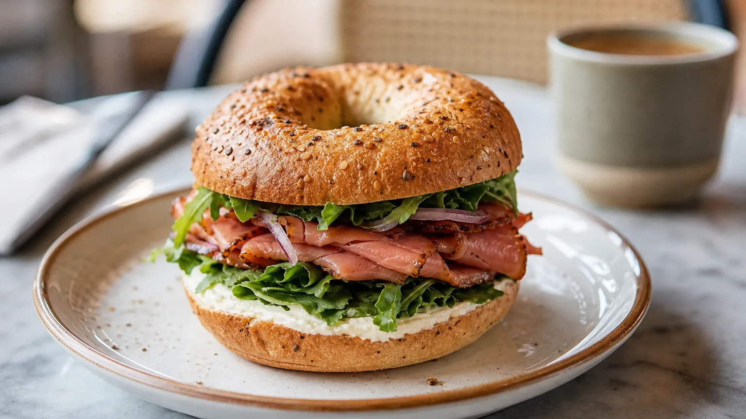 Close-up of a bagel sandwich on a white plate with a blurred café background.