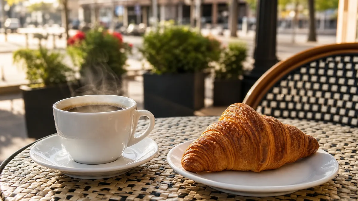 Coffee cup on saucer and a croissant on a white plate on a sunlit café patio table with a blurred figure in the background.